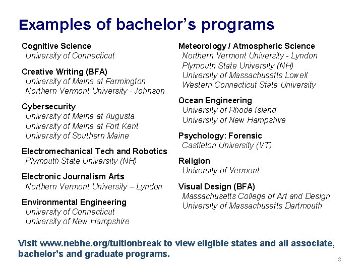 Examples of bachelor’s programs Cognitive Science University of Connecticut Creative Writing (BFA) University of