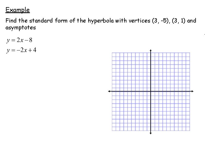 Example Find the standard form of the hyperbola with vertices (3, -5), (3, 1)
