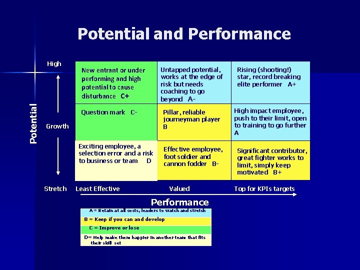 Potential and Performance Potential High New entrant or under performing and high potential to