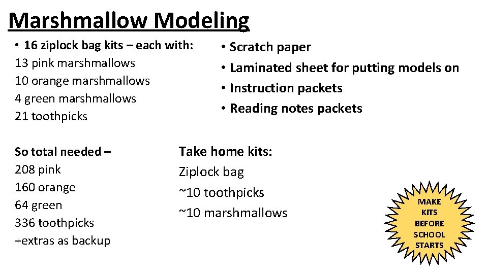 Marshmallow Modeling • 16 ziplock bag kits – each with: 13 pink marshmallows 10