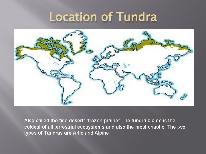 Location of Tundra Also called the “ice desert” “frozen prairie” The tundra biome is