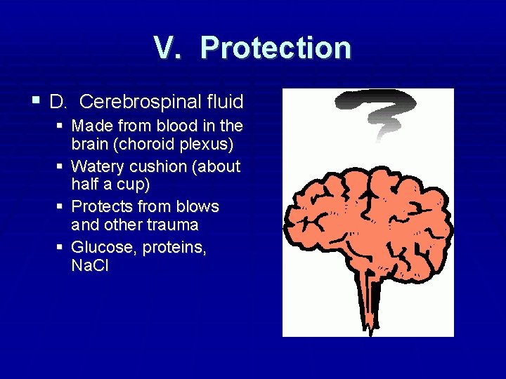 V. Protection D. Cerebrospinal fluid Made from blood in the brain (choroid plexus) Watery