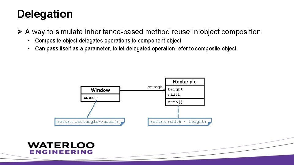 Delegation Ø A way to simulate inheritance-based method reuse in object composition. • Composite