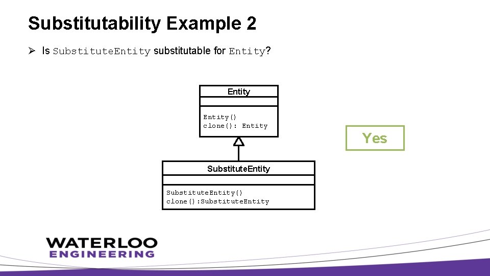 Substitutability Example 2 Ø Is Substitute. Entity substitutable for Entity? Entity() clone(): Entity Yes
