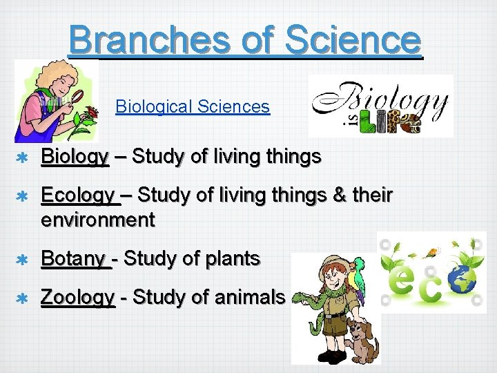 Branches of Science Biological Sciences Biology – Study of living things Ecology – Study