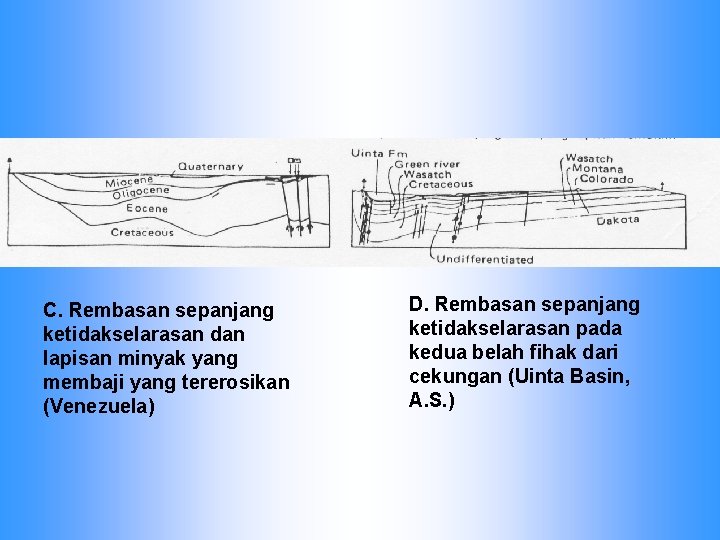 C. Rembasan sepanjang ketidakselarasan dan lapisan minyak yang membaji yang tererosikan (Venezuela) D. Rembasan