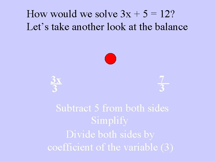 How would we solve 3 x + 5 = 12? Let’s take another look