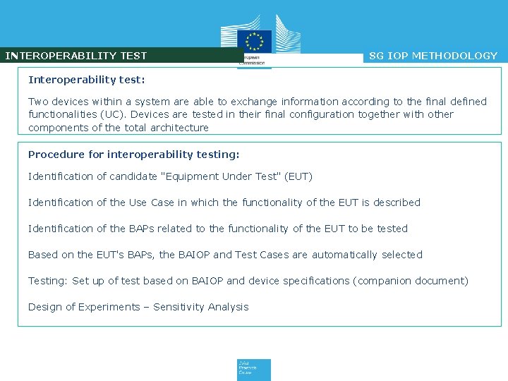 INTEROPERABILITY TEST SG IOP METHODOLOGY Interoperability test: Two devices within a system are able