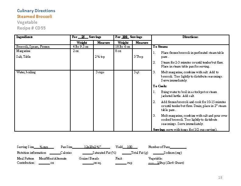 Culinary Directions Steamed Broccoli Vegetable Recipe # CD 55 Ingredients For Broccoli, Spears, Frozen