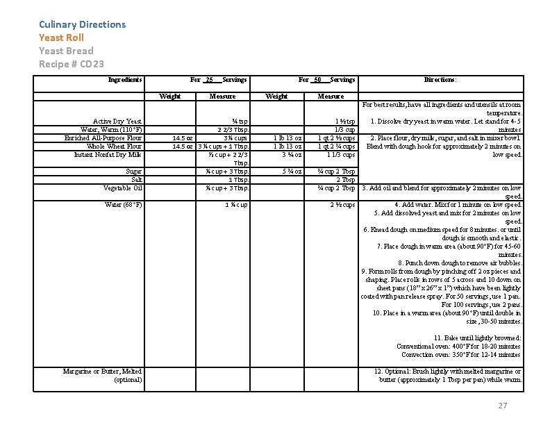 Culinary Directions Yeast Roll Yeast Bread Recipe # CD 23 Ingredients For _25__ Servings
