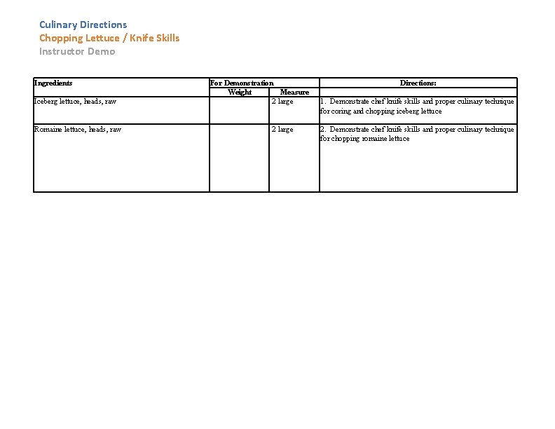 Culinary Directions Chopping Lettuce / Knife Skills Instructor Demo Ingredients Iceberg lettuce, heads, raw