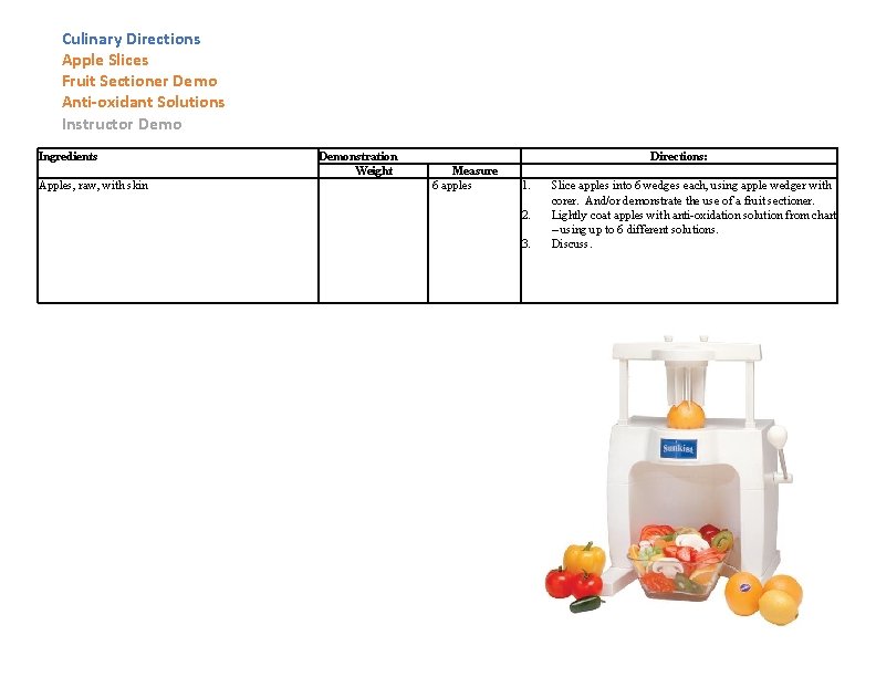 Culinary Directions Apple Slices Fruit Sectioner Demo Anti-oxidant Solutions Instructor Demo Ingredients Apples, raw,