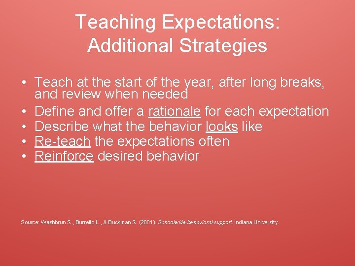 Teaching Expectations: Additional Strategies • Teach at the start of the year, after long