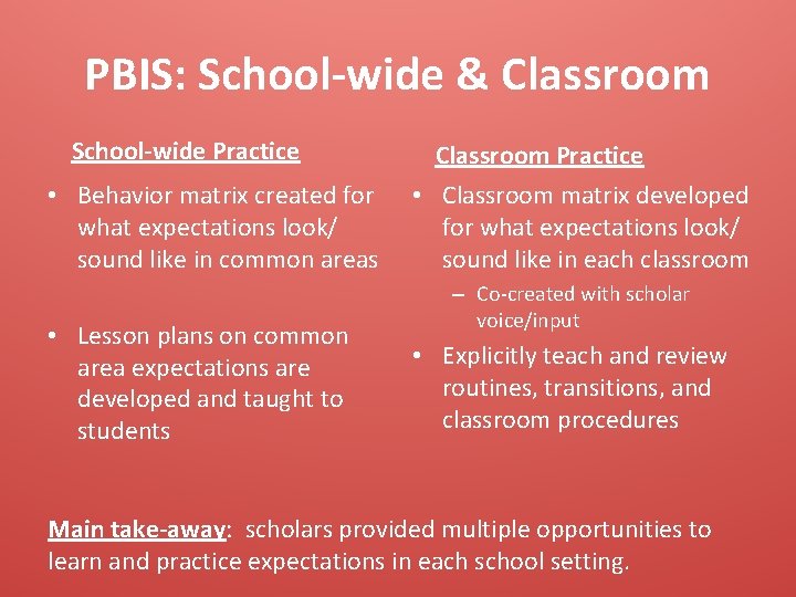 PBIS: School-wide & Classroom School-wide Practice • Behavior matrix created for what expectations look/