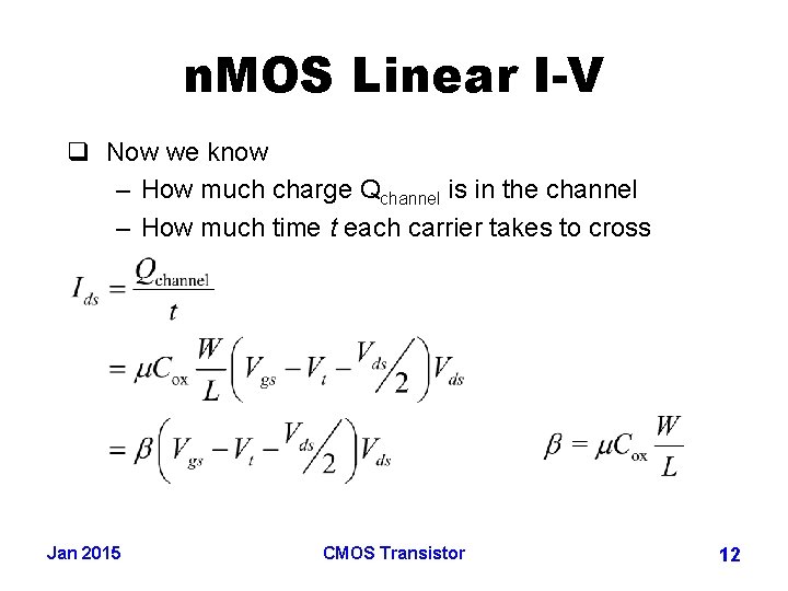 n. MOS Linear I-V q Now we know – How much charge Qchannel is