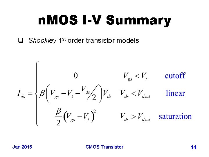 n. MOS I-V Summary q Shockley 1 st order transistor models Jan 2015 CMOS