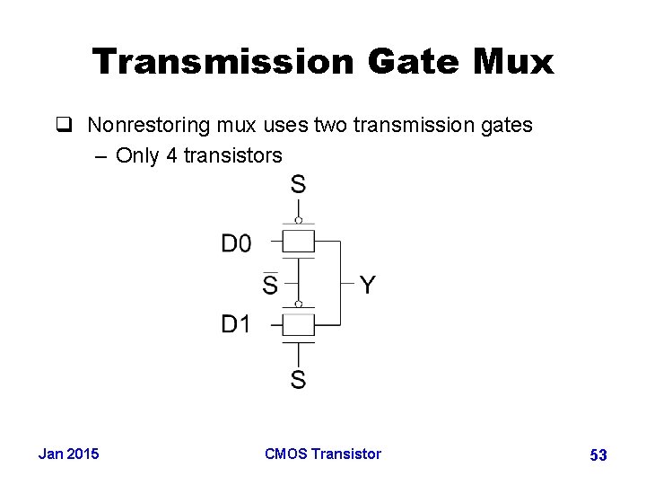Transmission Gate Mux q Nonrestoring mux uses two transmission gates – Only 4 transistors