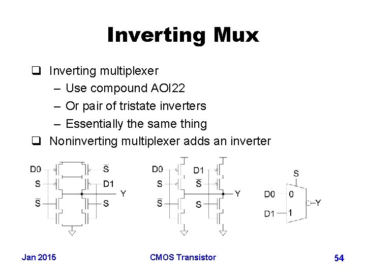 Inverting Mux q Inverting multiplexer – Use compound AOI 22 – Or pair of
