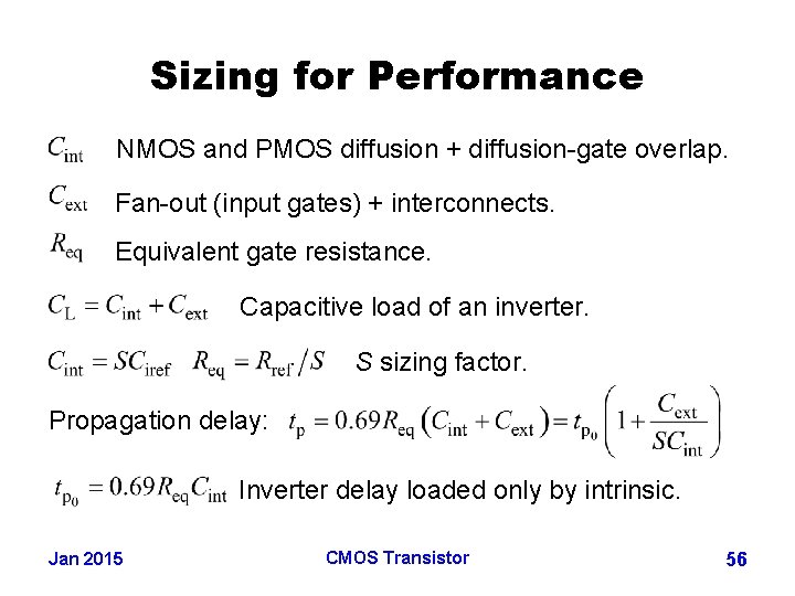 Sizing for Performance NMOS and PMOS diffusion + diffusion-gate overlap. Fan-out (input gates) +