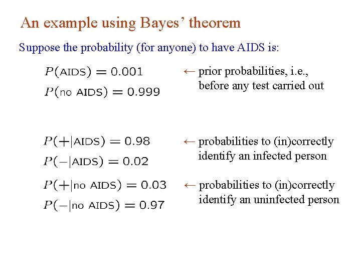 An example using Bayes’ theorem Suppose the probability (for anyone) to have AIDS is: An example using Bayes’ theorem Suppose the probability (for anyone) to have AIDS is: