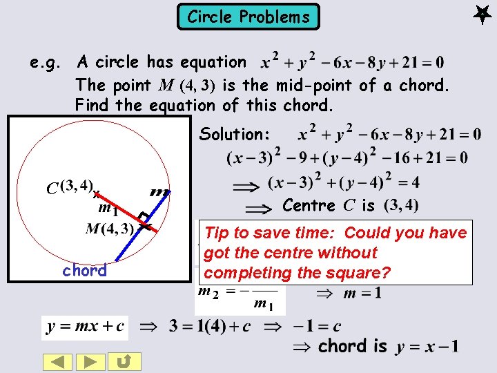 Circle Problems e. g. A circle has equation The point M (4, 3) is