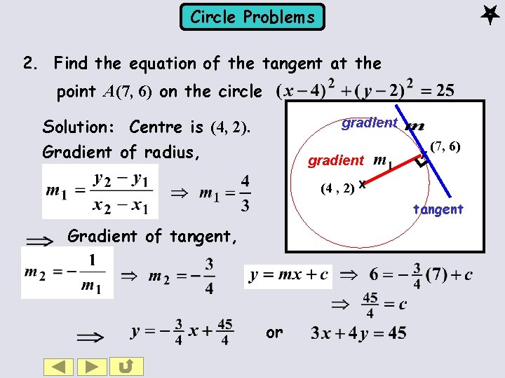 Circle Problems 2. Find the equation of the tangent at the point A(7, 6)