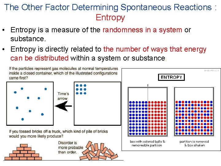 The Other Factor Determining Spontaneous Reactions : Entropy • Entropy is a measure of