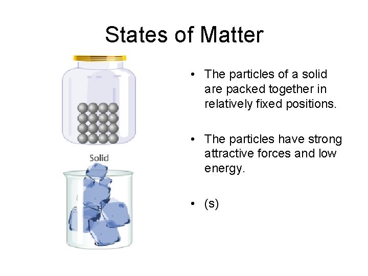States of Matter • The particles of a solid are packed together in relatively