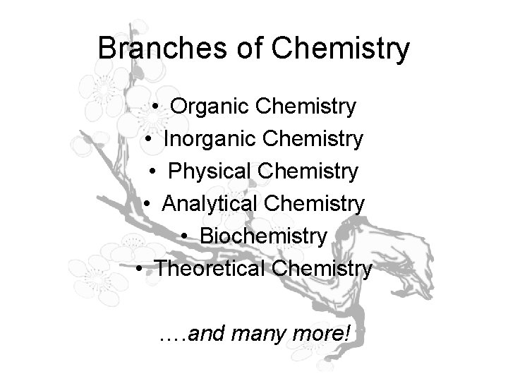 Branches of Chemistry • Organic Chemistry • Inorganic Chemistry • Physical Chemistry • Analytical