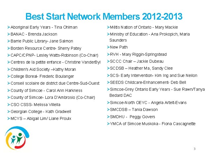 Best Start Network Members 2012 -2013 ØAboriginal Early Years - Tina Ohlman ØMétis Nation