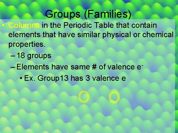 Groups (Families) • Columns in the Periodic Table that contain elements that have similar