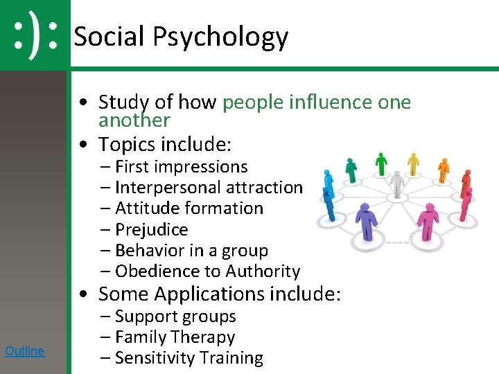 Social Psychology • Study of how people influence one another • Topics include: –