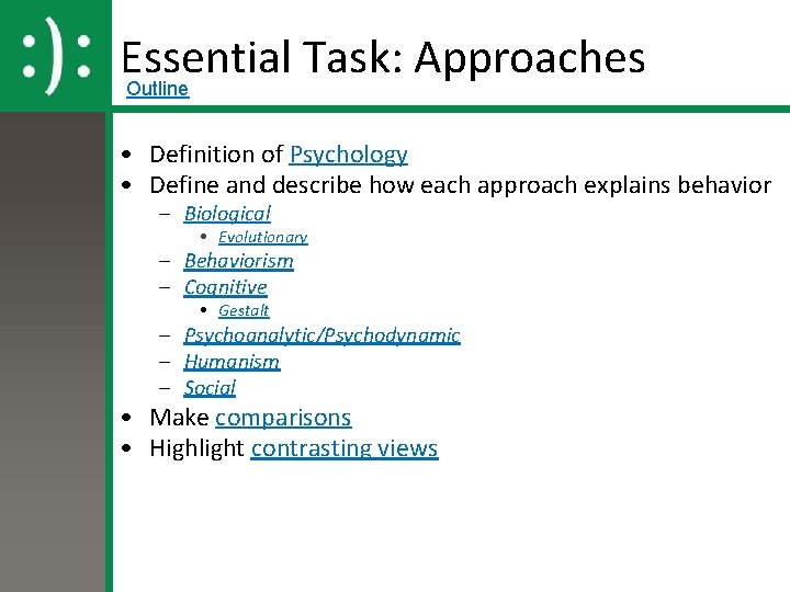 Essential Task: Approaches Outline • Definition of Psychology • Define and describe how each