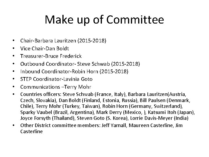 Make up of Committee • • • Chair-Barbara Lauritzen (2015 -2018) Vice Chair-Dan Boldt