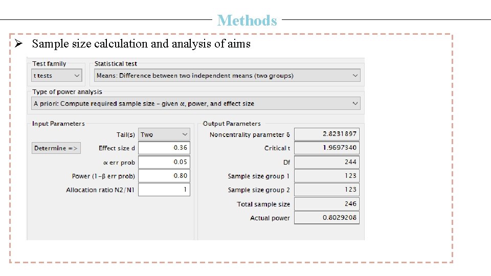 Methods Ø Sample size calculation and analysis of aims 