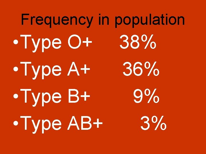 Frequency in population • Type O+ 38% • Type A+ 36% • Type B+