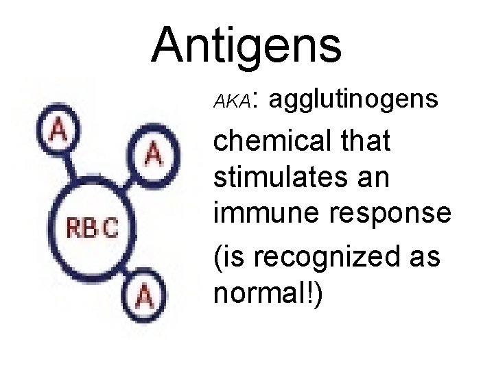 Antigens • AKA: agglutinogens • chemical that stimulates an immune response • (is recognized