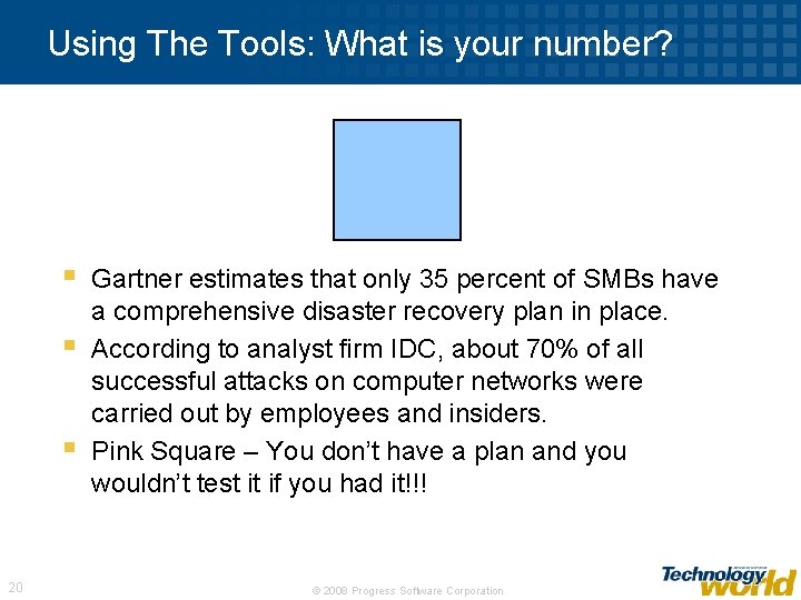 Using The Tools: What is your number? § § § 20 Gartner estimates that
