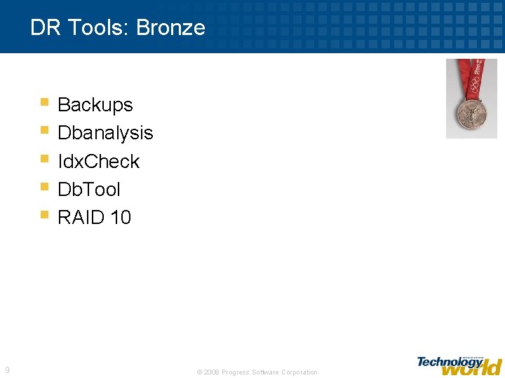 DR Tools: Bronze § Backups § Dbanalysis § Idx. Check § Db. Tool §