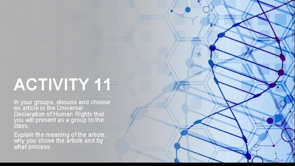 ACTIVITY 11 In your groups, discuss and choose an article in the Universal Declaration