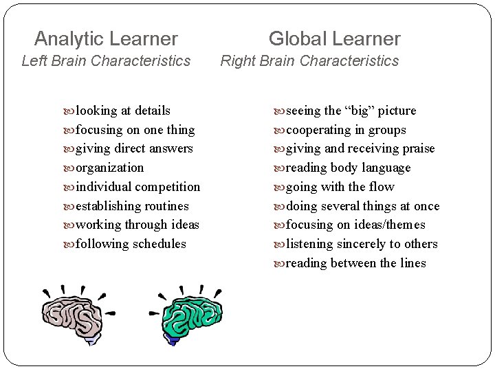 Analytic Learner Left Brain Characteristics Global Learner Right Brain Characteristics looking at details seeing