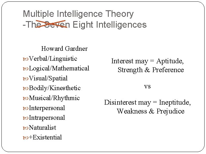 Multiple Intelligence Theory -The Seven Eight Intelligences Howard Gardner Verbal/Linguistic Logical/Mathematical Visual/Spatial Bodily/Kinesthetic Musical/Rhythmic