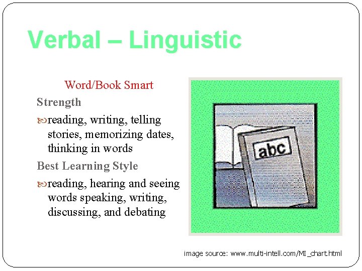 Verbal – Linguistic Word/Book Smart Strength reading, writing, telling stories, memorizing dates, thinking in