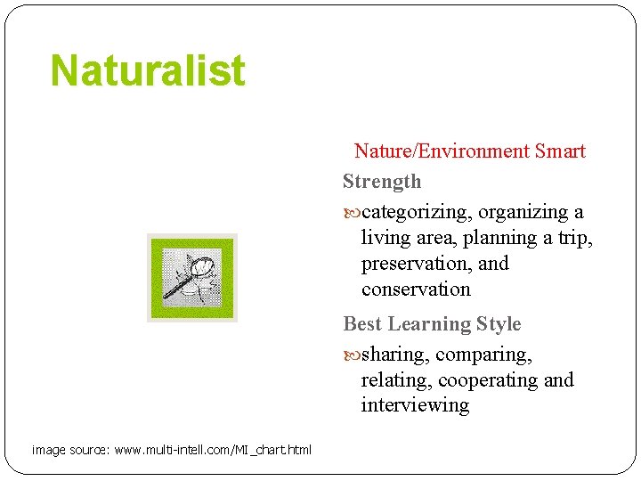 Naturalist Nature/Environment Smart Strength categorizing, organizing a living area, planning a trip, preservation, and