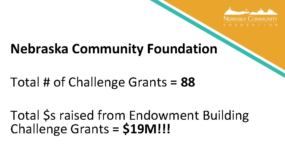 Nebraska Community Foundation Total # of Challenge Grants = 88 Total $s raised from