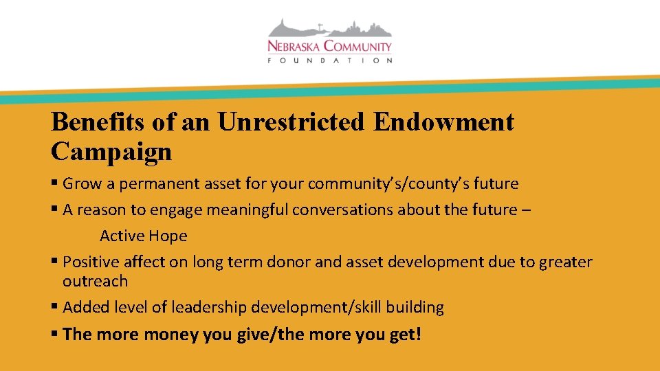 Benefits of an Unrestricted Endowment Campaign § Grow a permanent asset for your community’s/county’s