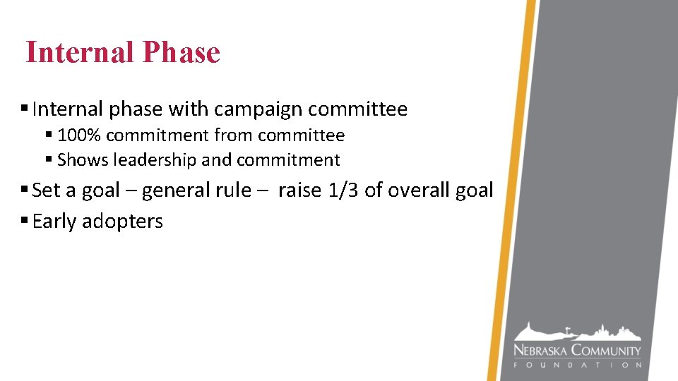 Internal Phase § Internal phase with campaign committee § 100% commitment from committee §