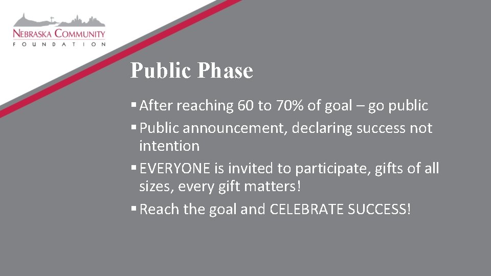 Public Phase § After reaching 60 to 70% of goal – go public §