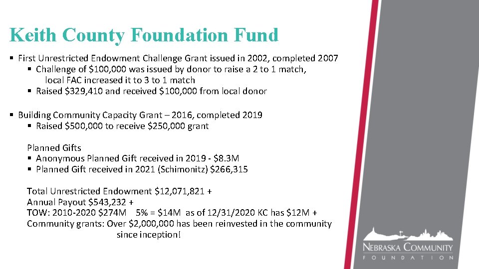 Keith County Foundation Fund § First Unrestricted Endowment Challenge Grant issued in 2002, completed