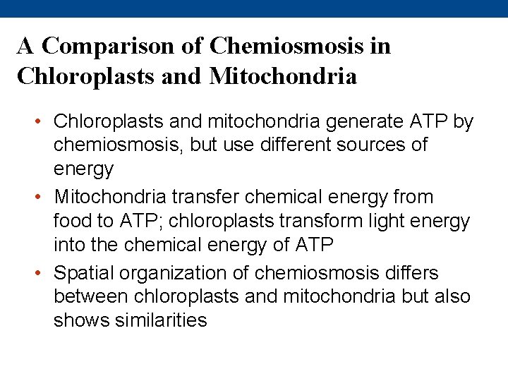 A Comparison of Chemiosmosis in Chloroplasts and Mitochondria • Chloroplasts and mitochondria generate ATP